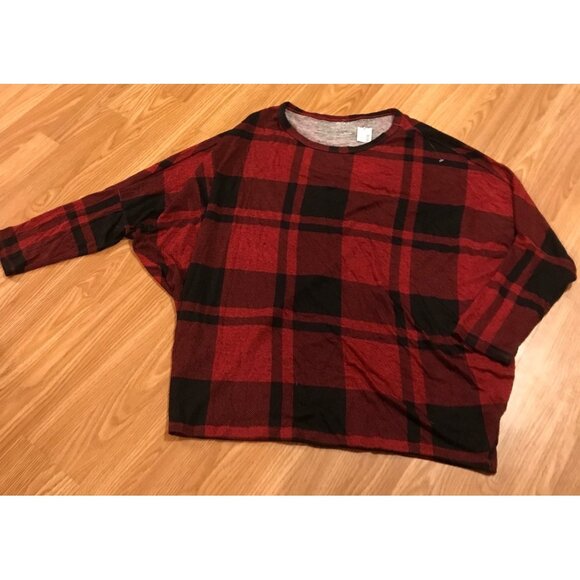 Maurices Shirt XL Womens Red Black Buffalo Plaid  Batwing Top Relaxed Fit - Picture 2 of 8